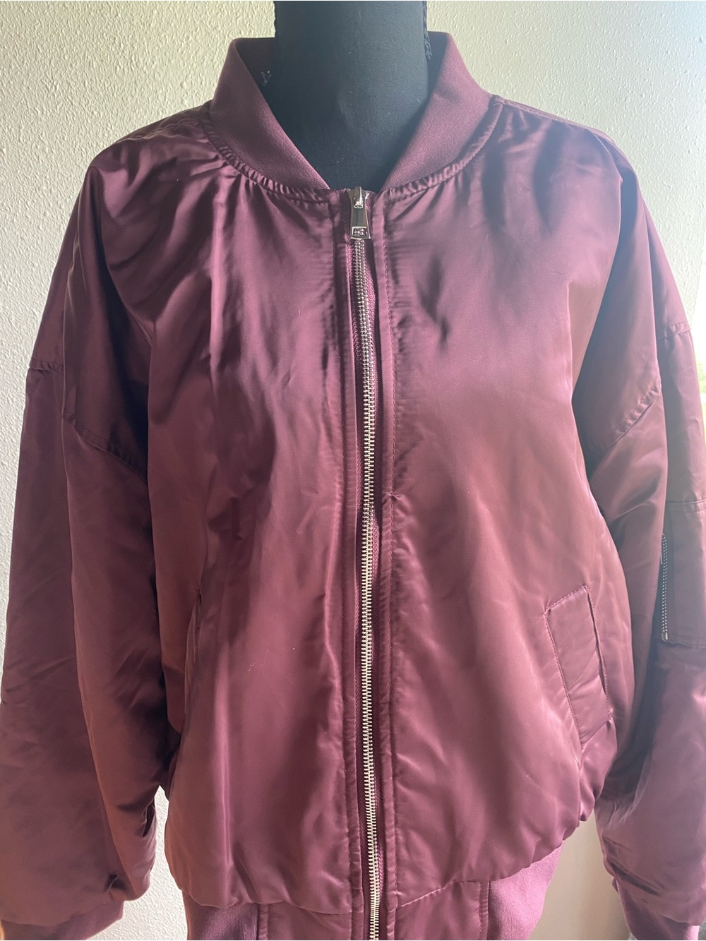Hippie Rose Satin Oversized Bomber Jacket in Burgundy New With Tags
